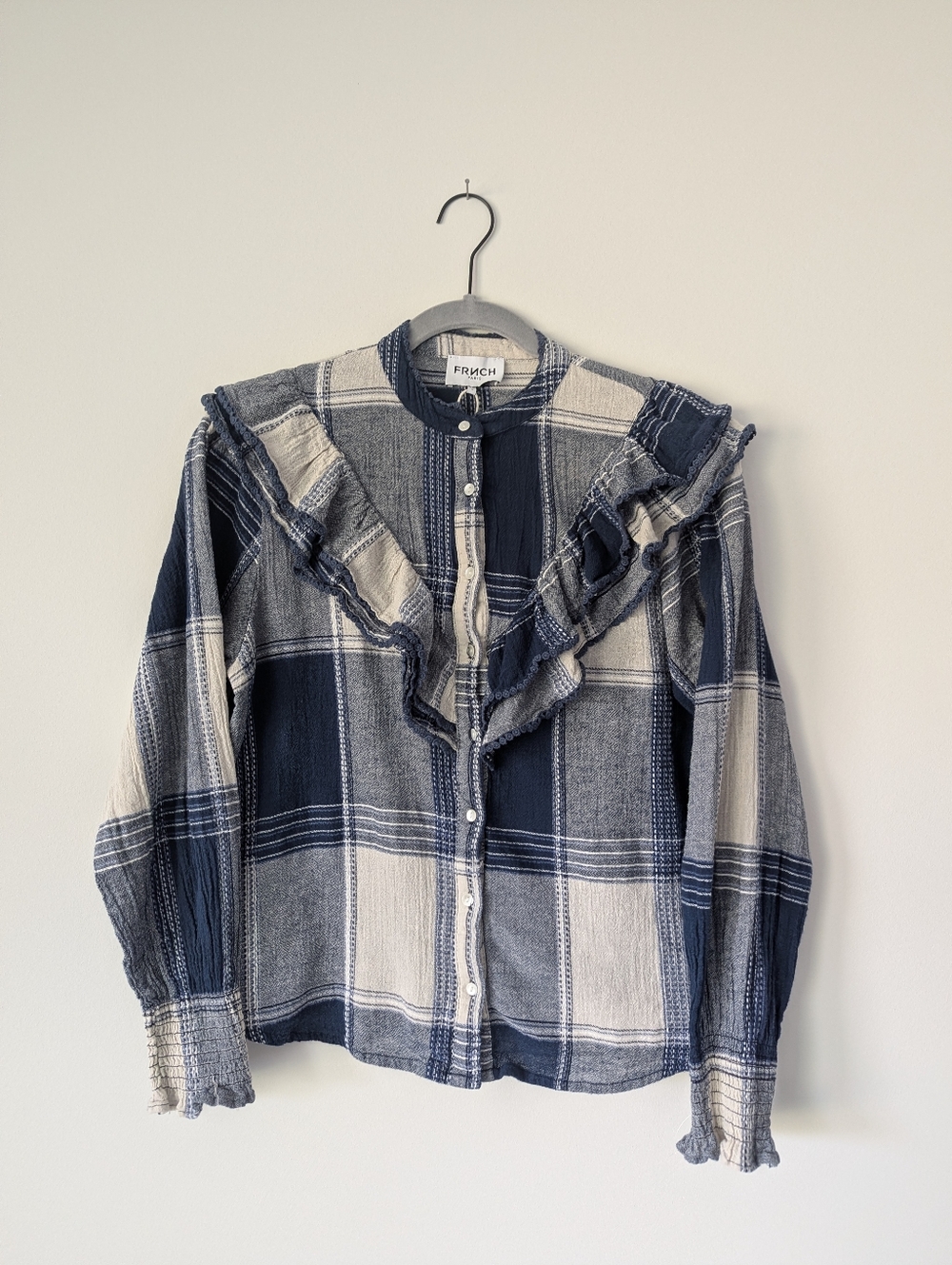 FRNCH Paris Camassia Plaid Woven Ruffle Button Up Shirt Blue Pearl - Picture 3 of 11
